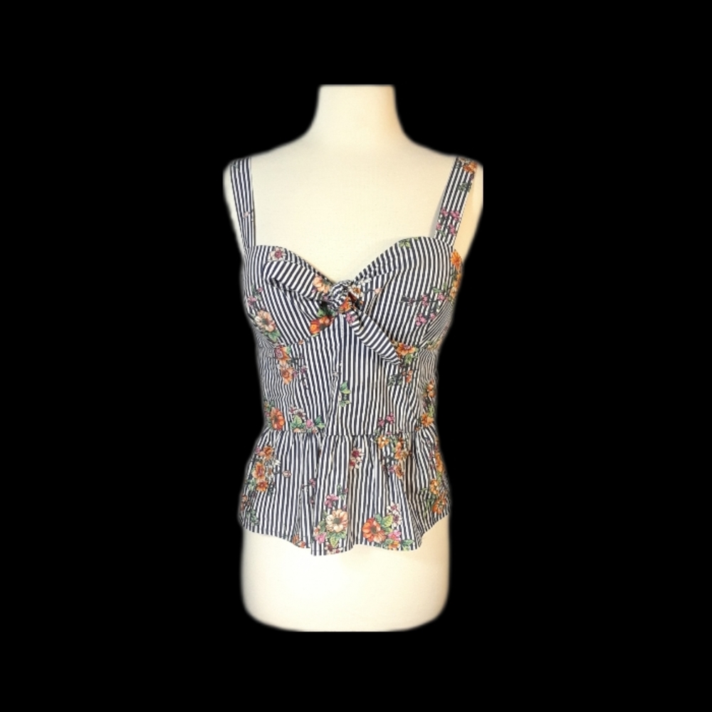 Iris Striped Tank Top Womens Fit & Flare Sleeveless Floral Bow Padded Low Cut-L - Picture 13 of 16